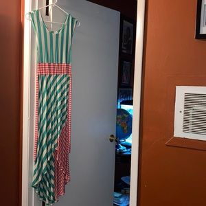 A long stripped dress w/ belt.